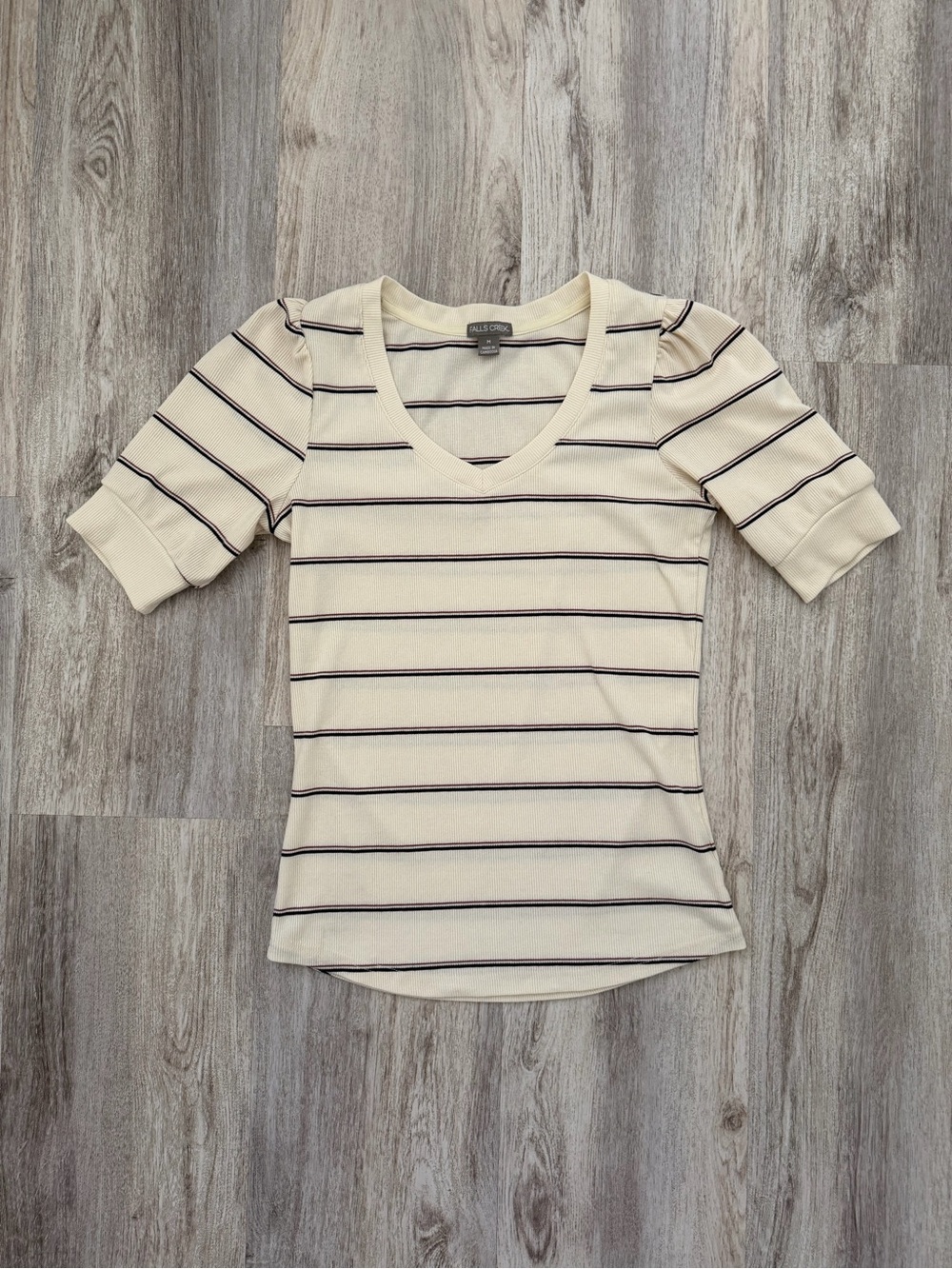 {Falls Creek} Cream Striped Puff-Sleeve V-Neck Top